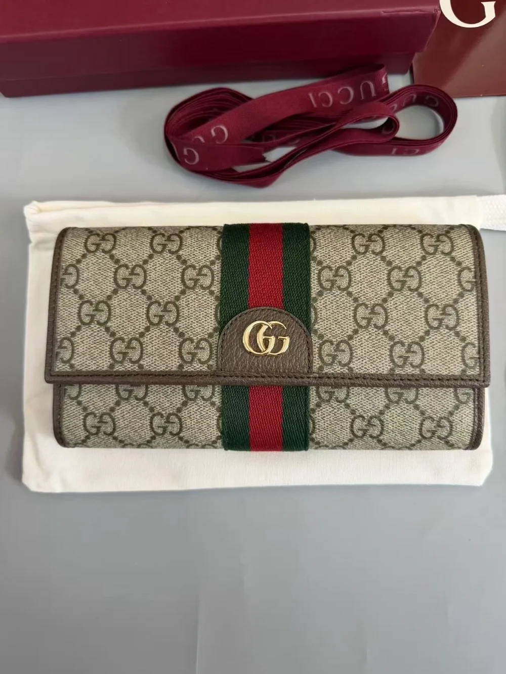 Gucci Beige GG Supreme Continental Wallet with Green and Red Web Stripe
